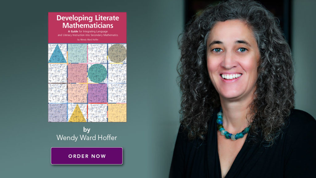 Book cover of "Developing Literate Mathematicians" and smiling woman. Text: "By Wendy Ward Hoffer", button: "Order Now".
