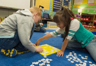 Students working on math together