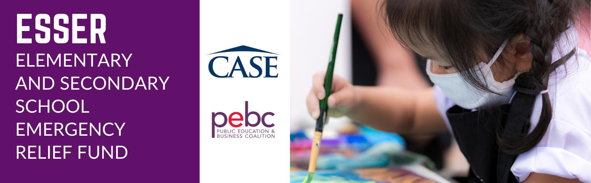 Child painting in a classroom next to logos and text "ESSER Elementary and Secondary School Emergency Relief Fund, CASE, PEBC.