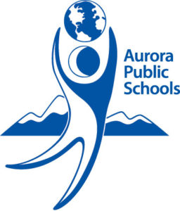Blue logo of Aurora Public Schools with a figure holding a globe over mountains.