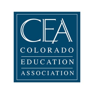 Blue square logo with the text "CEA Colorado Education Association" in white, uppercase, and serif font.