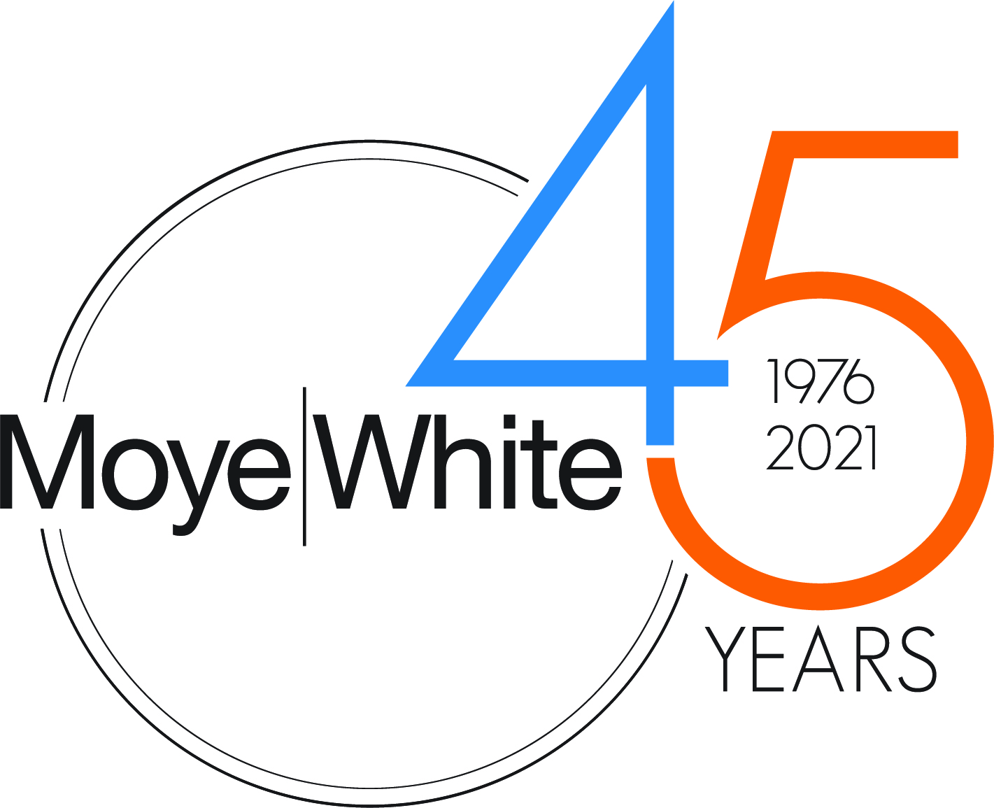 Logo with "Moye|White 45 years 1976-2021" in blue and orange text inside a black outlined circular design.