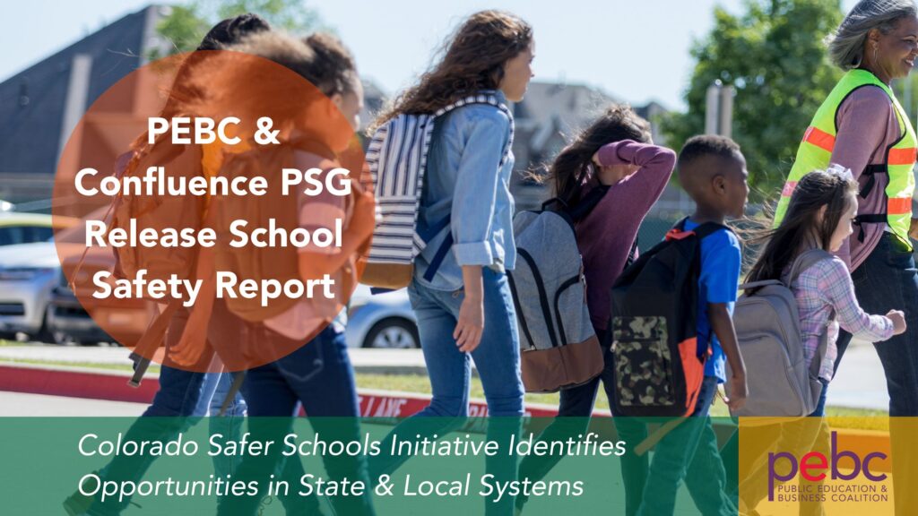Group of children crossing the street accompanied by an adult. Text promoting PEBC & Confluence PSG school safety report.